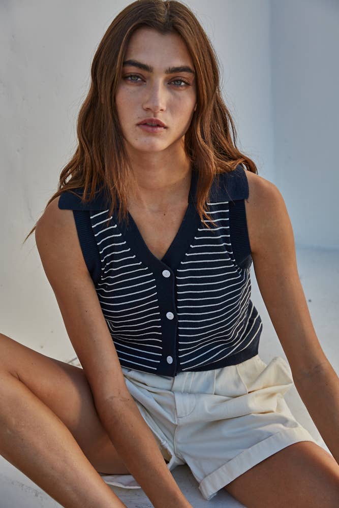 Striped Button Down Collared Crop Top