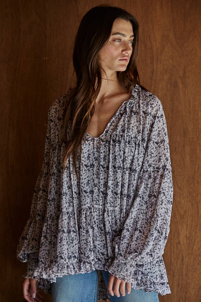 Woven Polyester Floral Print Ruffle V-Neck Top