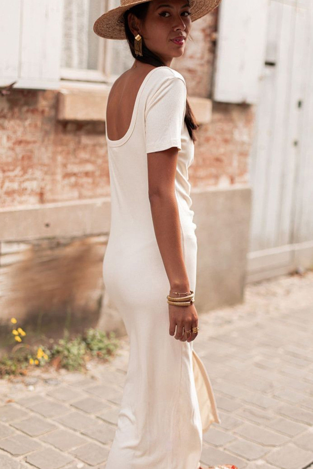 V-Neck Ruched Button Front French T-Shirt Dress