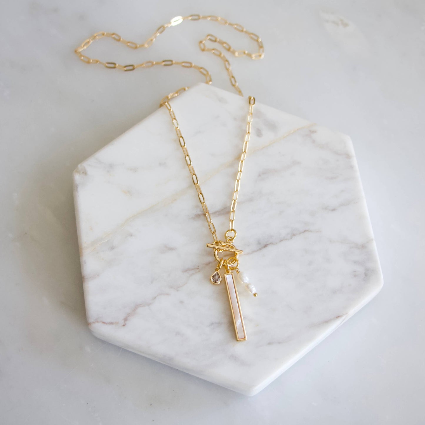 CZ, Mother of Pearl, Freshwater Pearl,Charm Toggle Necklace