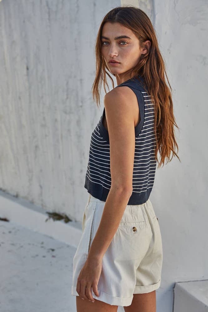 Striped Button Down Collared Crop Top