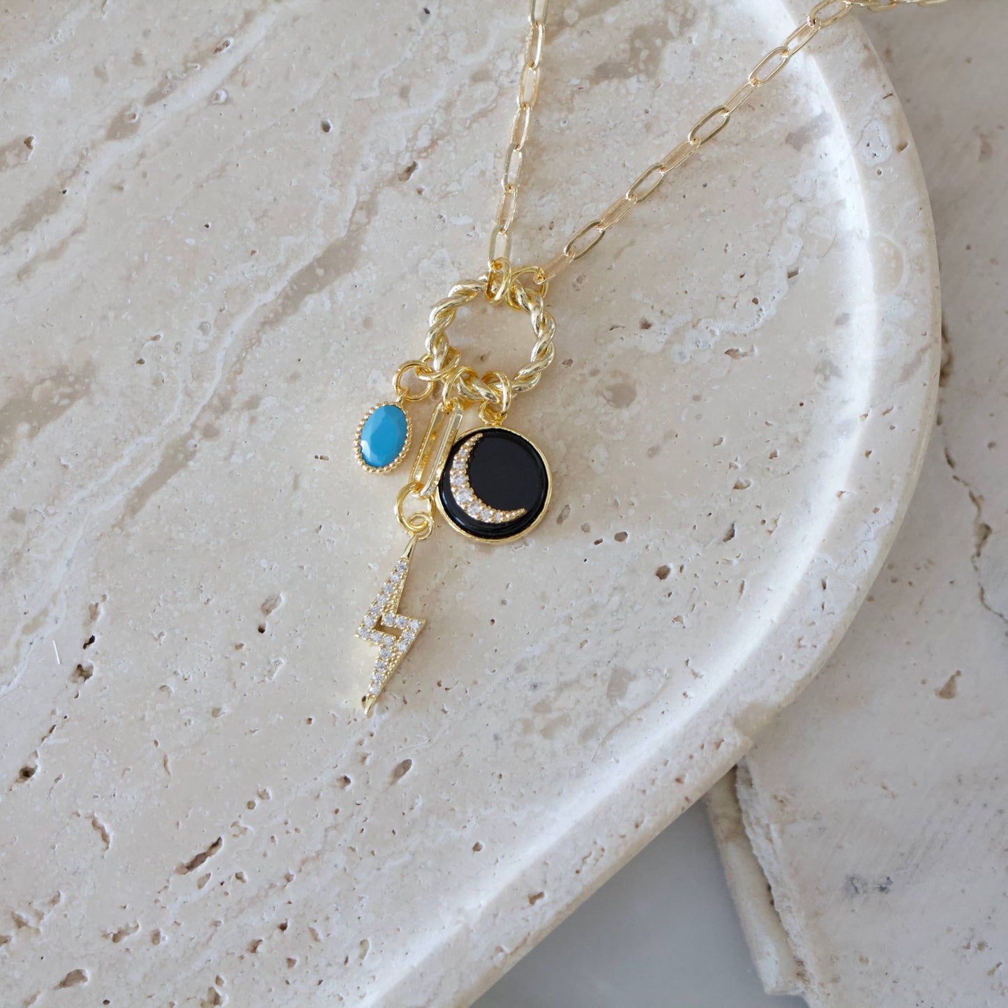 Crescent, Bolt, Turquoise, CZ Charm Necklace