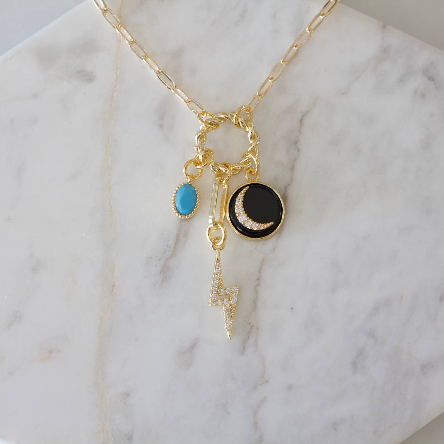 Crescent, Bolt, Turquoise, CZ Charm Necklace