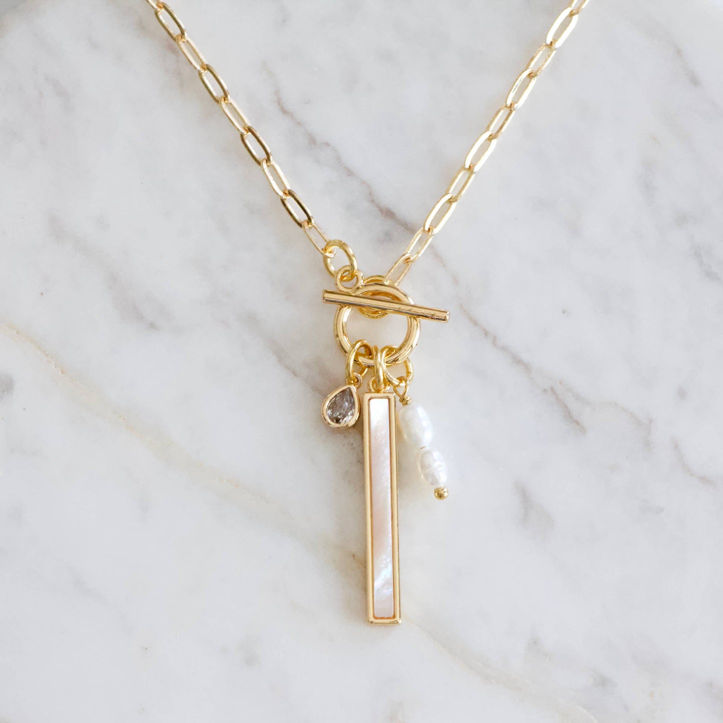 CZ, Mother of Pearl, Freshwater Pearl,Charm Toggle Necklace
