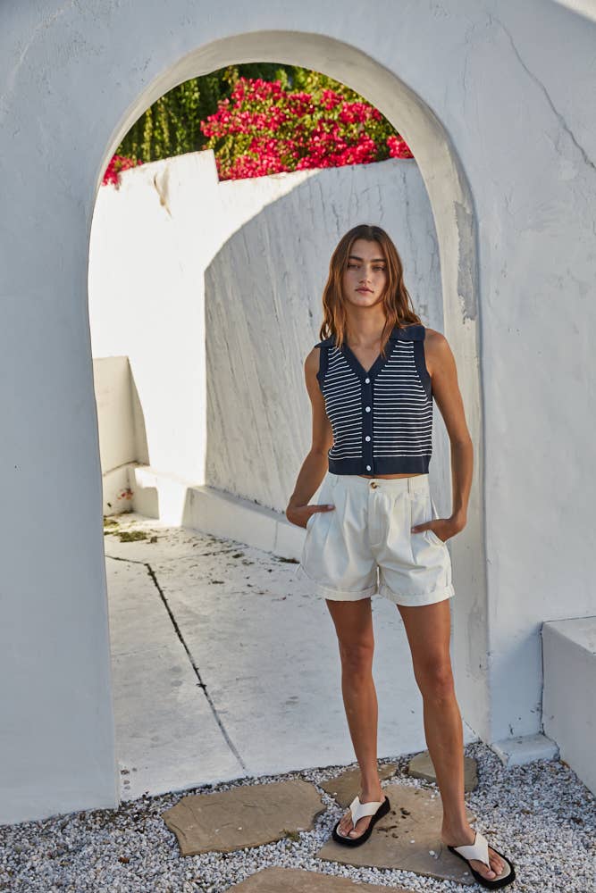 Striped Button Down Collared Crop Top