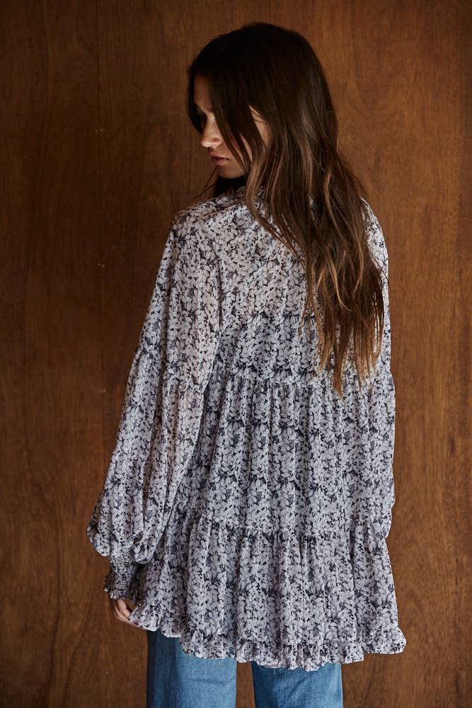 Woven Polyester Floral Print Ruffle V-Neck Top