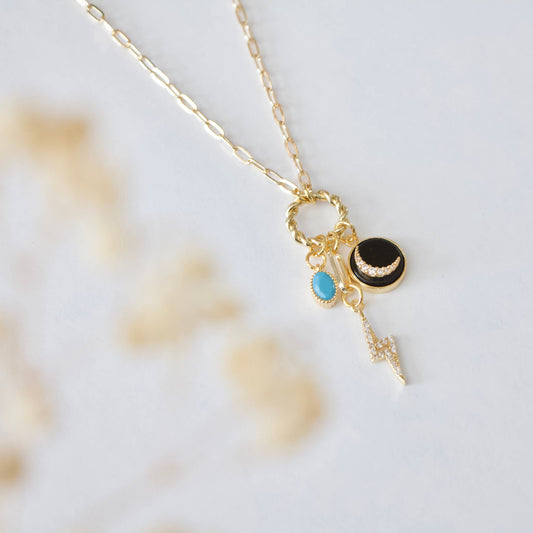 Crescent, Bolt, Turquoise, CZ Charm Necklace