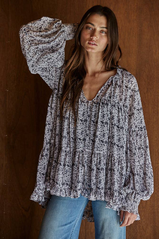 Woven Polyester Floral Print Ruffle V-Neck Top