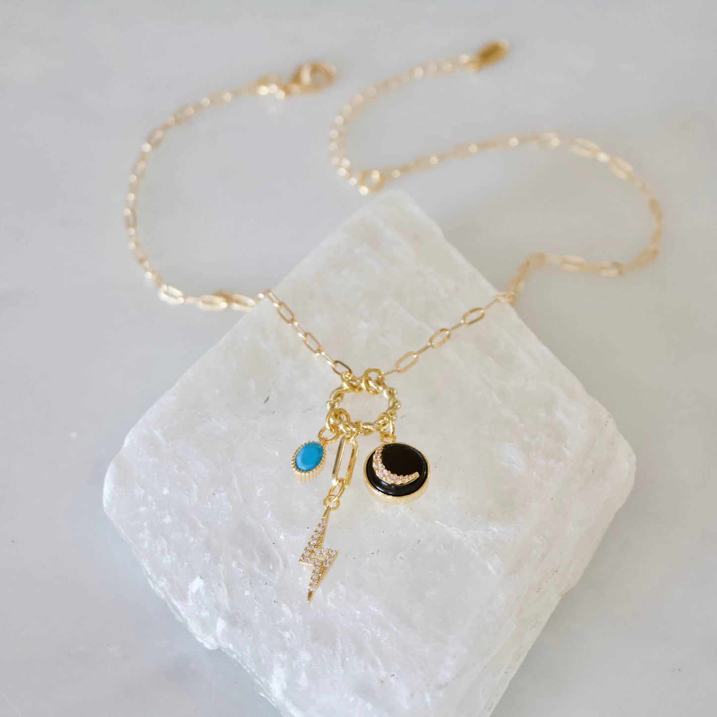 Crescent, Bolt, Turquoise, CZ Charm Necklace