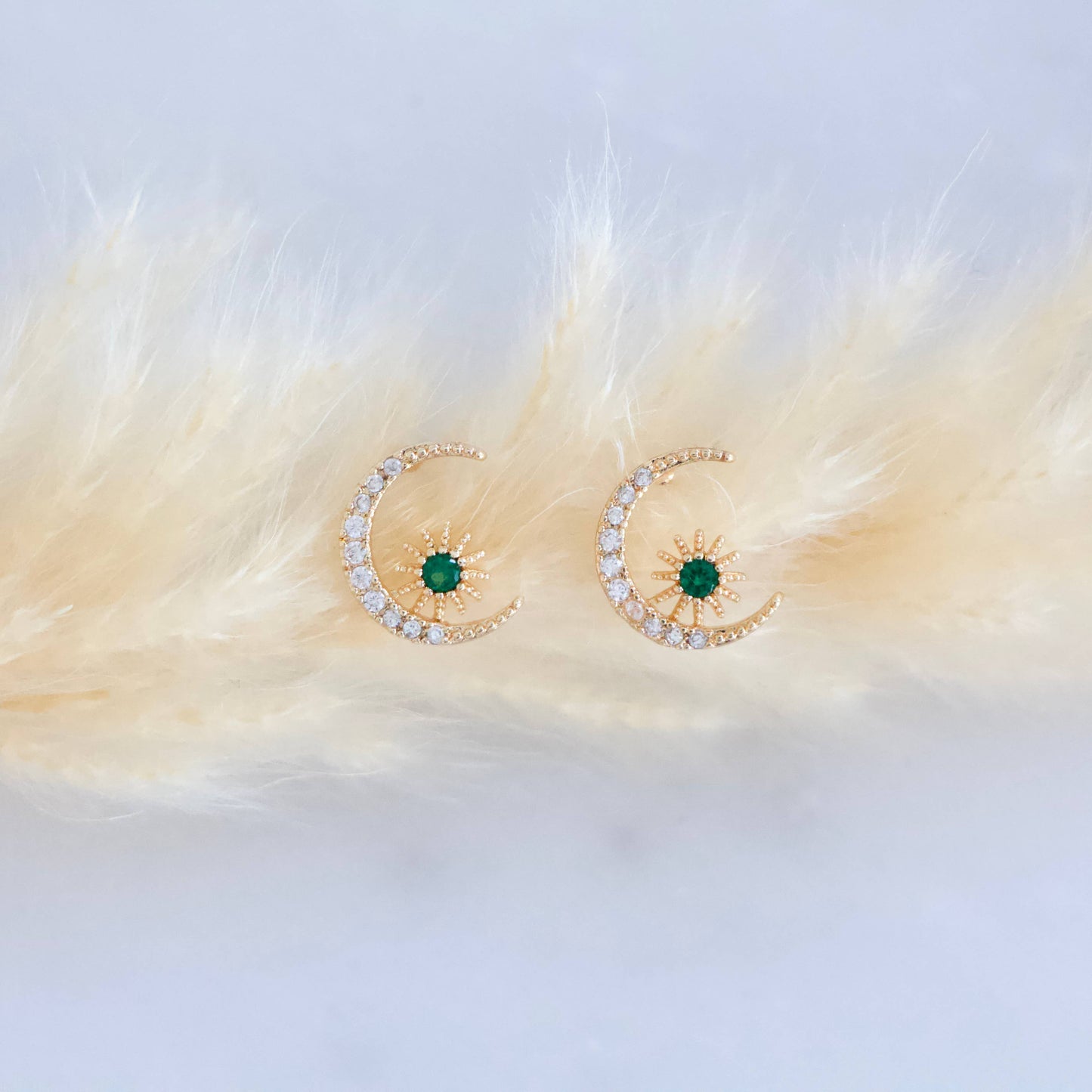 Emerald Green Moon and Star Stud Earrings