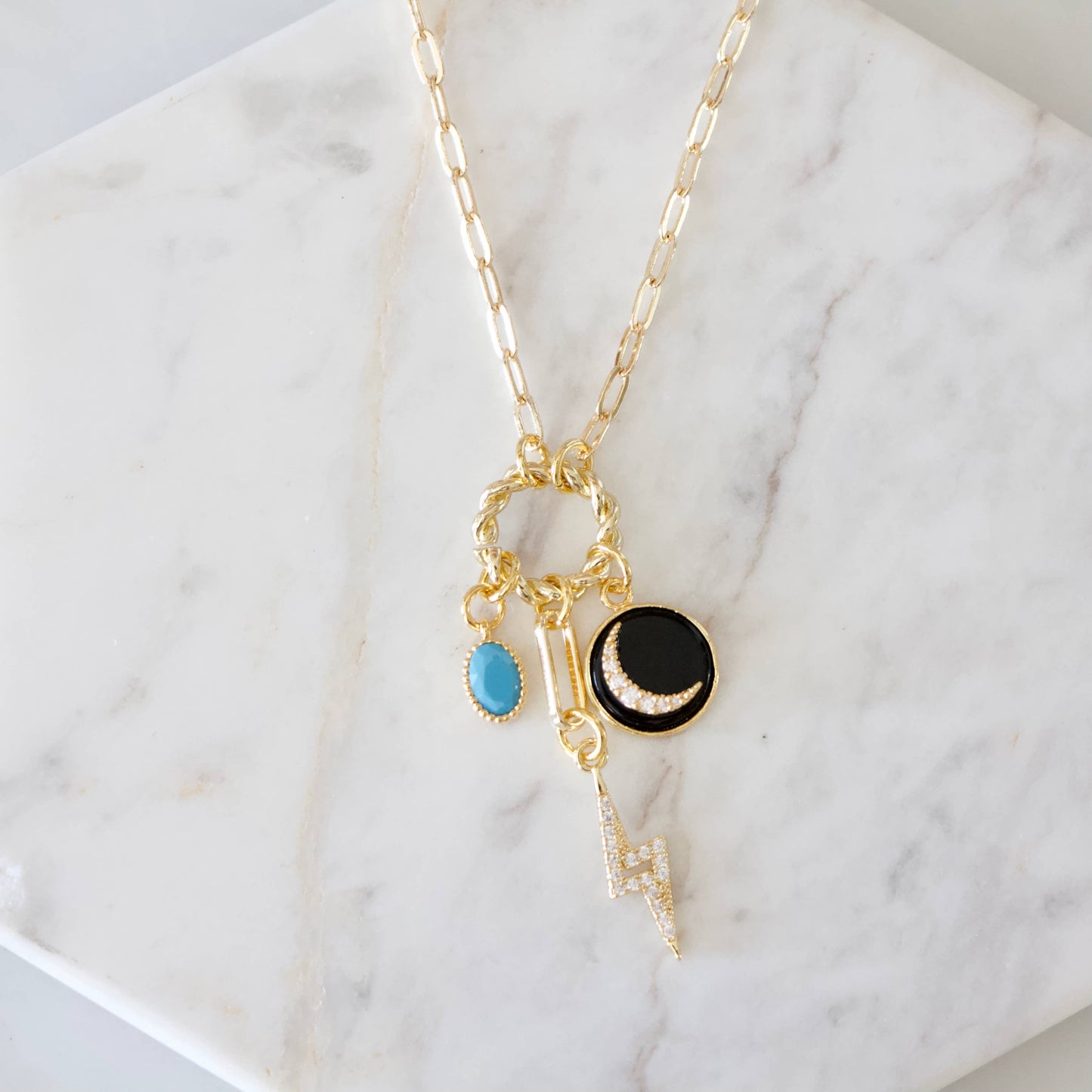 Crescent, Bolt, Turquoise, CZ Charm Necklace
