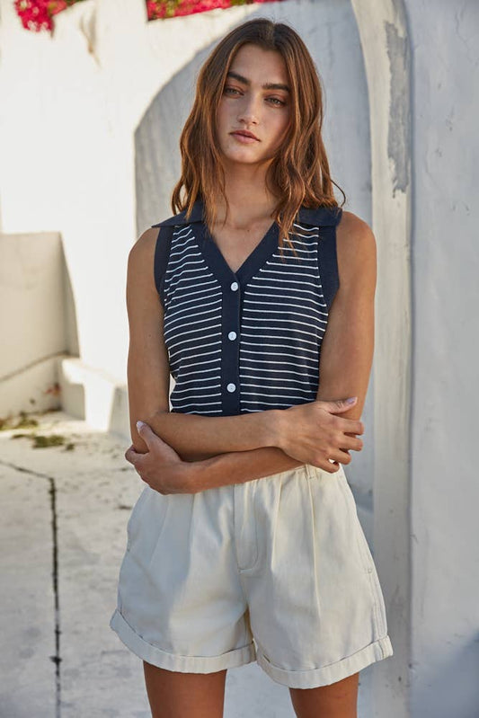 Striped Button Down Collared Crop Top