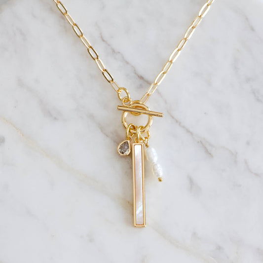 CZ, Mother of Pearl, Freshwater Pearl,Charm Toggle Necklace 